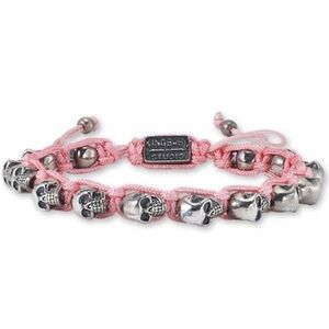 King Baby Studio Macrame Skull Bracelet Silver Skull Bracelet with Pink Cord